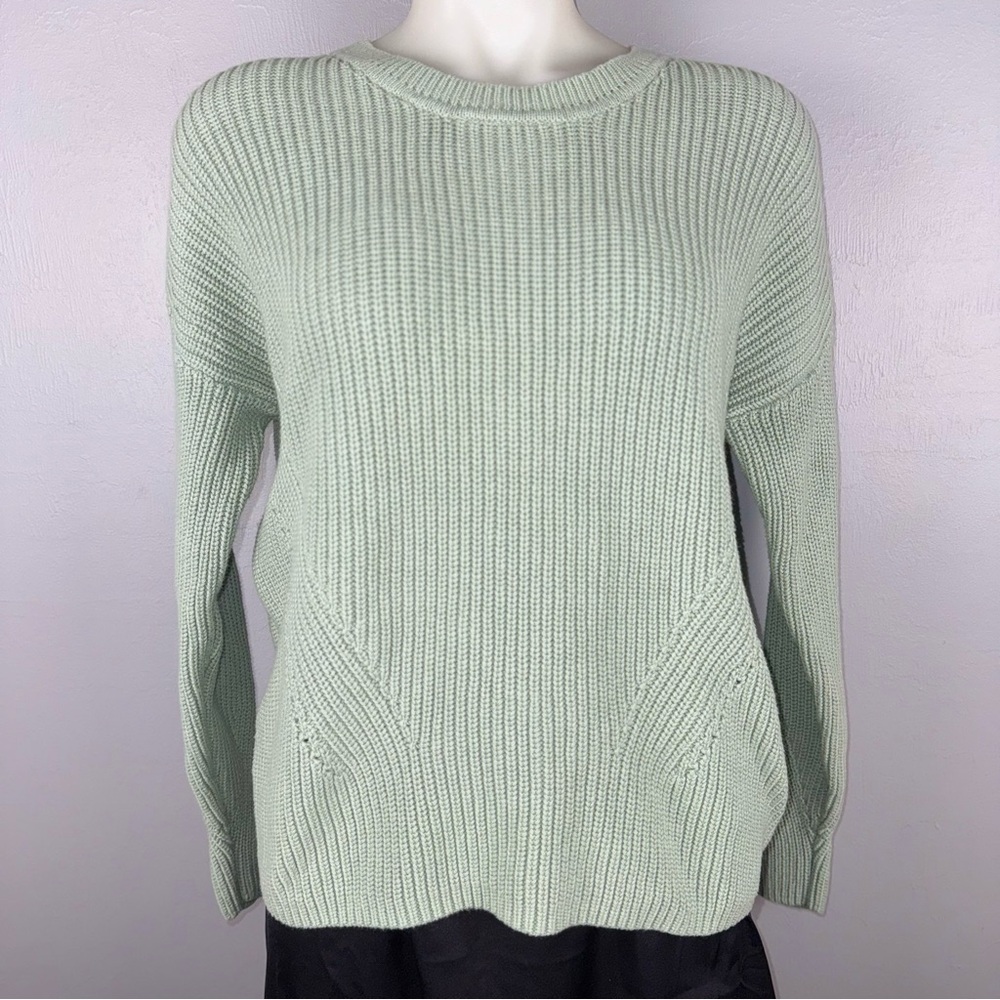 Lucky Brand Sweater Women’s Medium  Light Sage Knit Cotton Long Sleeve Crew Neck